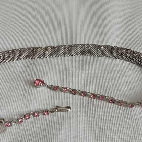 Vintage Unsigned Silver Tone Beads & Pink Rhinestones Mesh Choker Style Necklace - Picture 11 of 11